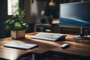 a computer monitor, keyboard and mouse on a desk. AI-Generated photo