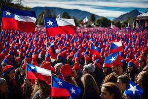 a large crowd of people holding chilean flags. AI-Generated photo