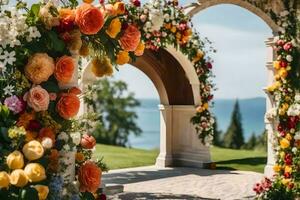 a wedding arch with flowers and a view of the ocean. AI-Generated photo