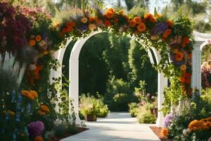 an archway with flowers and greenery in the garden. AI-Generated photo