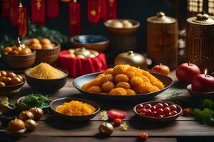 chino nuevo año comida en un mesa. generado por ai foto
