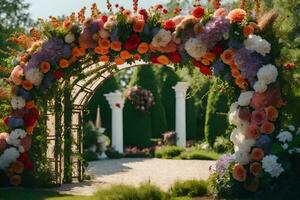 a flower archway in the garden. AI-Generated photo