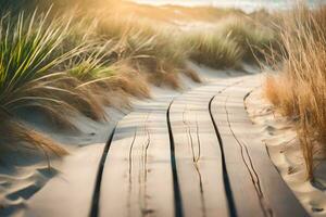 wooden path in the sand dunes at sunset. AI-Generated photo