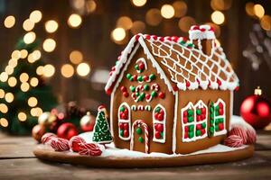 a ginger house decorated with christmas decorations. AI-Generated photo