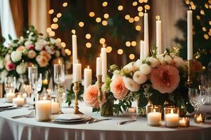 a table with candles and flowers on it. AI-Generated photo