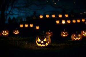 Víspera de Todos los Santos calabazas en el oscuro con brillante ojos. generado por ai foto