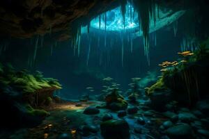 the cave is filled with water and plants. AI-Generated photo