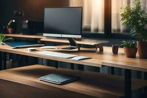 a desk with a computer, keyboard and mouse. AI-Generated photo