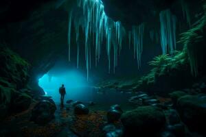 a man stands in front of a cave with icicles hanging from the ceiling. AI-Generated photo