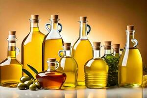 various types of olive oil and olives. AI-Generated photo