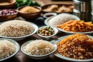 various types of rice in bowls on a table. AI-Generated photo