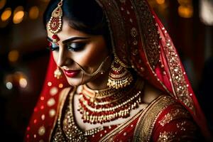 a beautiful bride in red and gold. AI-Generated photo