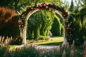 un arco con flores y verdor en el jardín. generado por ai foto