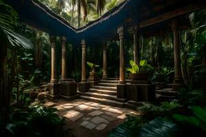 a garden with a wooden structure in the middle of the jungle. AI-Generated photo