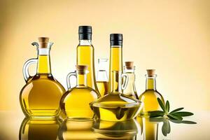 olive oil in bottles and glass jars. AI-Generated photo