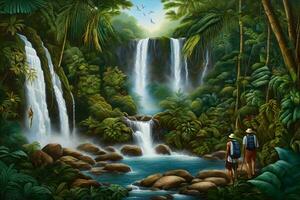 un pintura de dos personas caminando cerca un cascada. generado por ai foto