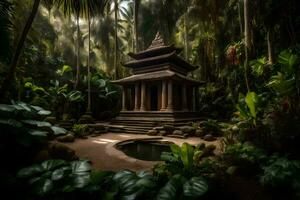 a pagoda in the middle of a jungle. AI-Generated photo