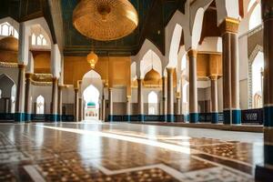 the interior of a mosque with gold and blue walls. AI-Generated photo