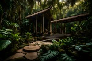 a garden with a pagoda in the middle of the jungle. AI-Generated photo