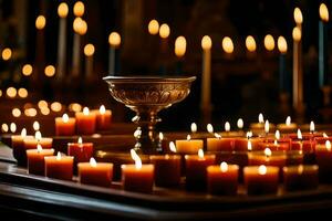 velas son iluminado en un Iglesia con velas generado por ai foto