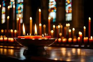 velas son iluminado en un Iglesia con manchado vaso ventanas generado por ai foto