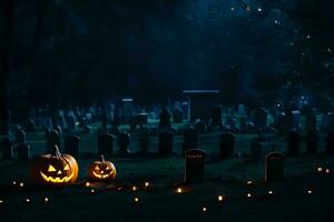 halloween pumpkins in a graveyard with candles. AI-Generated photo