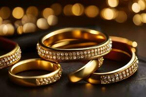 oro Boda anillos en un cuero superficie. generado por ai foto