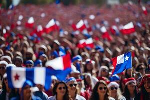 a crowd of people waving flags in a stadium. AI-Generated photo