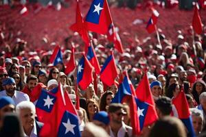 un multitud de personas participación banderas y vistiendo rojo y blanco. generado por ai foto