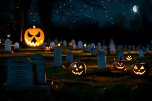 Víspera de Todos los Santos calabazas en un cementerio a noche. generado por ai foto