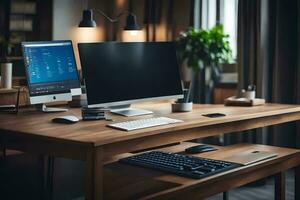 a desk with a computer, keyboard and mouse. AI-Generated photo