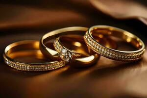 oro Boda anillos en un marrón antecedentes. generado por ai foto