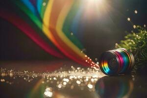 a camera lens with a rainbow light shining through it. AI-Generated photo