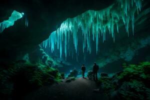 two people stand in front of a cave with ice formations. AI-Generated photo