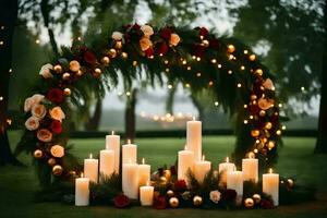 candles and flowers are arranged in a circle with a wreath of greenery. AI-Generated photo