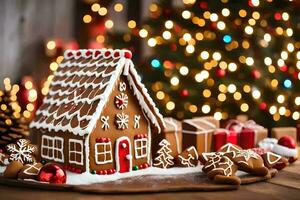 a gingerbread house is displayed on a table in front of a christmas tree. AI-Generated photo