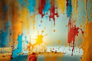 colorful paint splatters on a wall. AI-Generated photo