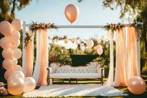 a wedding ceremony with balloons and a white couch. AI-Generated photo