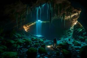 a man standing in front of a cave with a waterfall. AI-Generated photo