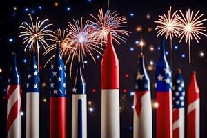 fuegos artificiales y americano banderas en el cielo. generado por ai foto