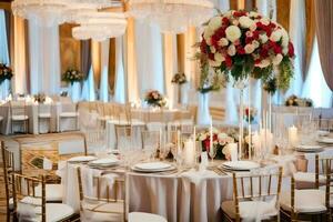 a wedding reception with tall centerpieces and white linens. AI-Generated photo