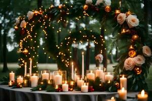candles and flowers are set up in a wedding arch. AI-Generated photo