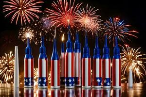 fuegos artificiales y un manojo de cepillos de dientes con el americano bandera en a ellos. generado por ai foto