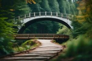 un puente en el bosque con un de madera camino. generado por ai foto