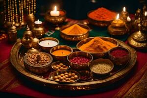 indian spices and spices in a gold tray. AI-Generated photo