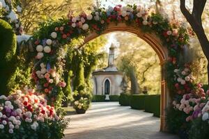 a walkway with flowers and archway. AI-Generated photo