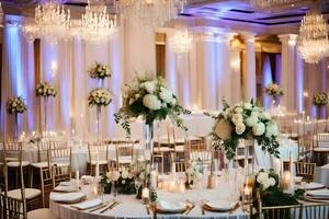 a wedding reception with tall chandeliers and white flowers. AI-Generated photo