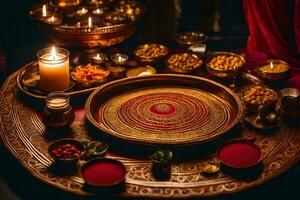 an indian wedding ceremony with a gold plate and candles. AI-Generated photo