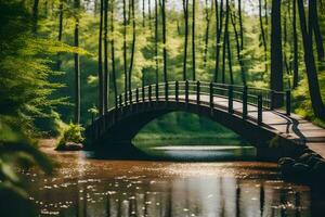 a bridge spanning over a river in the woods. AI-Generated photo