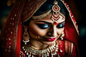 un hermosa indio novia en tradicional rojo y oro. generado por ai foto